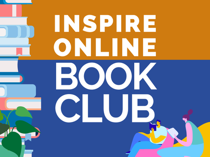 inspire online book club logo with a stack of books at the side, a plant in the corner and people reading
