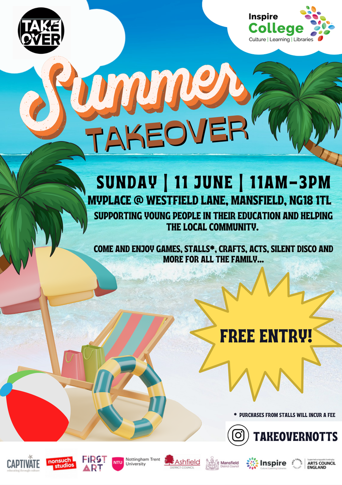 Summer Takeover graphic showing beach scene and event details