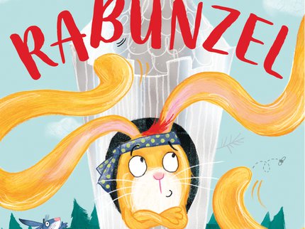 The book cover for 'Rabunzel' by Loretta Schauer - a yellow rabbit with very long ears looking out of the window of a tower.