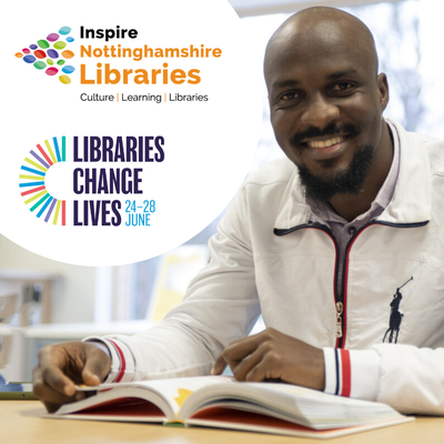 Person sat at a desk reading a book, with Nottinghamshire Libraries and Libraries Change Lives logos on the left.