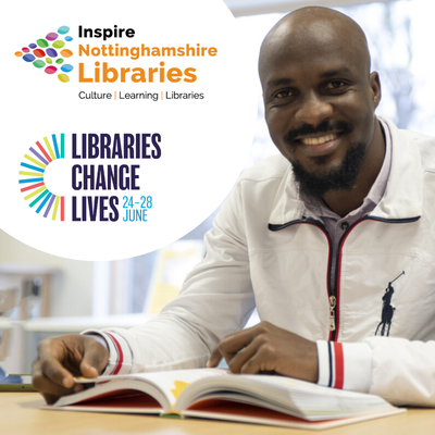 Libraries Change Lives graphic with colourful logos and smiling man with a book in a library