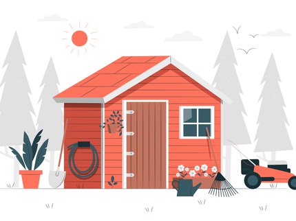 A digital illustration of an orange garden shed surrounded by garden tools