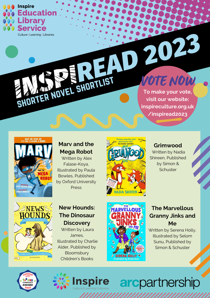 Inspiread 2023 logo in light blue with shorter novel shortlist book covers