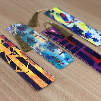 Blue and yellow bookmarks with tassels