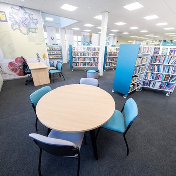 Hucknall Library interior, seating area and Hucknall Tourism and Regeneration Group desk