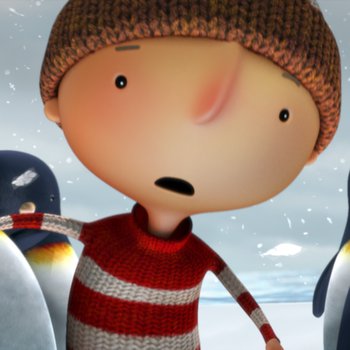 Illustrated boy in a yellow hat and red and white striped jumper, surrounded by penguins