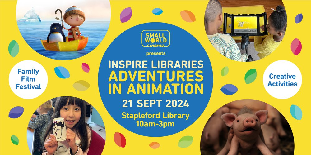 A yellow banner advertising an Adventures in Animation event at Stapleford Library