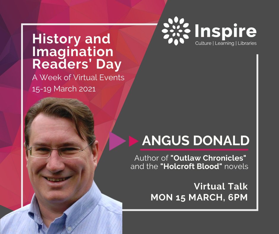 Photograph of author Angus Donald with details of the event.