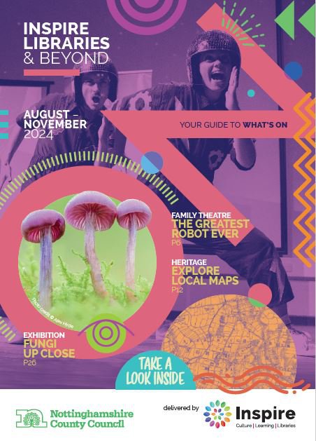 What's On August - November brochure cover featuring images of two dancers wearing disco helmets and a close up of fungi.