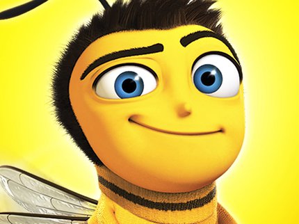 Film poster for Bee Movie - close up of Bee character on a yellow background with the text 'Bee Movie