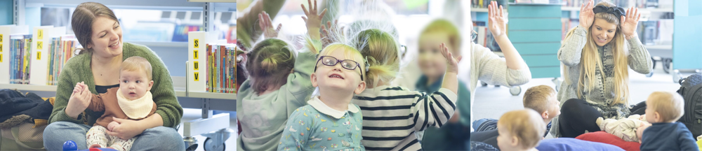 Three images, 1 A parent sits singing with a baby in her lap, 2 a child looks up at the parachute above her head with static hair, 3 a parent with a baby and a young child sings and makes bunny ears with her hands