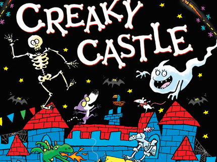 Creaky Castle book cover with skeleton, ghost above spooky castle.