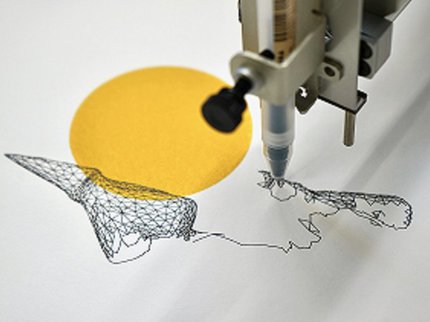 A machine draws a with a yellow circle and black 3d netted shapes