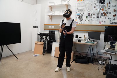 A person wearing a virtual reality headset