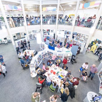 Aerial shot of Worksop Library showing participants in activities