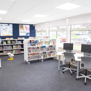 Forest Town Library study space and view to children's library after refurbishment