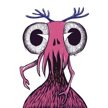 Illustration of a pink monster with black outline. It it pink with large eyes.