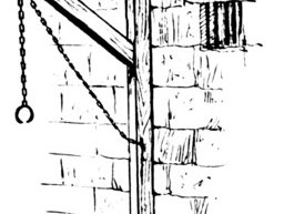 Drawing of gibbet against stone wall