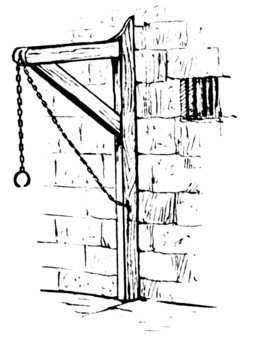 Drawing of gibbet against stone wall