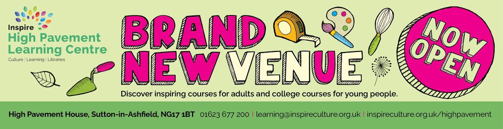 Web banner showing the words brand new venue in bright pink and now open