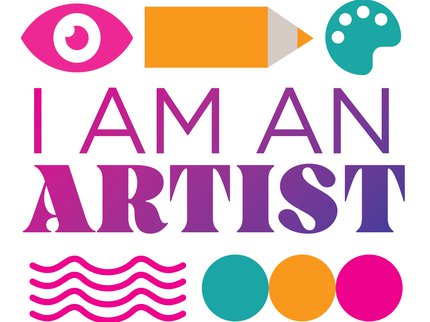 I Am An Artist logo written in purple to pink capitals with motifs of an eye, pencil, artists pallete, waves and three circles above and below the lettering