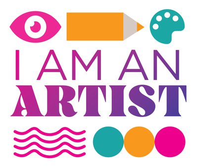 I Am An Artist logo written in purple to pink capitals with motifs of an eye, pencil, artists pallete, waves and three circles above and below the lettering