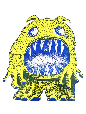 Illustration of a monster by artist Amanda Rigby. It is pink with large eyes.