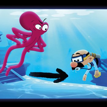 Cartoon octopus and scuba diver