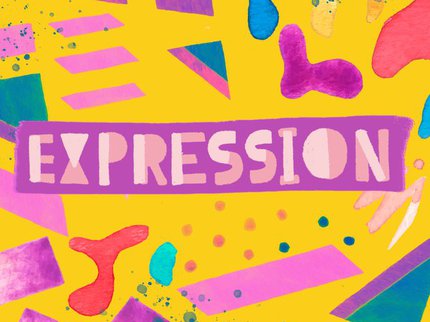 Expression logo on a yellow background with purple squares and splats