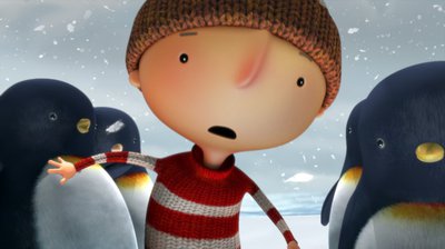 Still image of a boy and some penguins from the animated film: 'Lost and Found'