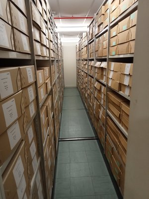 Image of Nottinghamshire Archives searchroom lockers with pictures of historical documents