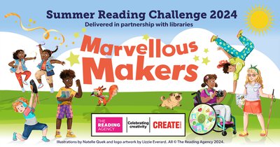 Summer Reading Challenge 2024 logo for Marvellous Makers on a background of grass and sky.  7 illustrated characters surround the wording.