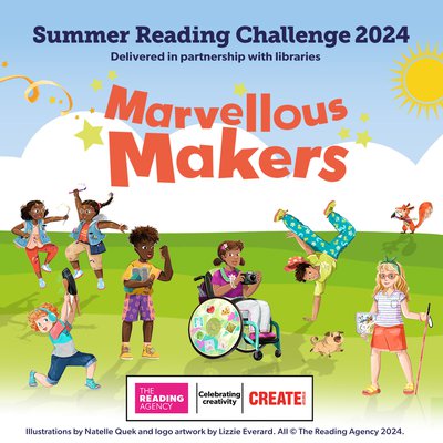 Seven illustrated Marvellous Maker characters titled Summer Reading Challenge 2024 and with logos