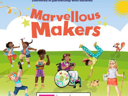 Marvellous Makers graphic with children reading and playing music on a hill with blue sky