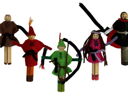 Peg dolls of Friar Tuck, Will Scarlet, Robin Hood, Maid Marian and the Sheriff of Nottingham