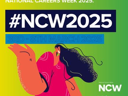 A cartoon graphic of a woman celebrating. Text states that this organisation is supporting National Careers Week 2025.