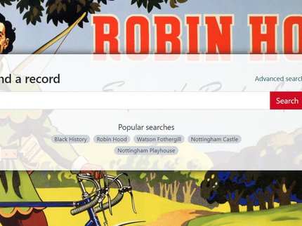 Nottinghamshire Archives online catalogue search box with Robin Hood cycles pictured in background