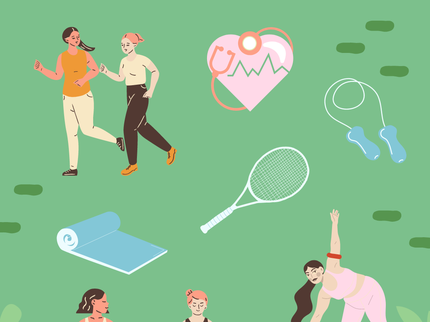 A graphic of people in various sports and yoga poses on a green background