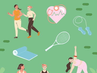 A green square with illustrations of people doing different sports