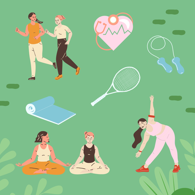 A graphic of people in various sports and yoga poses on a green background