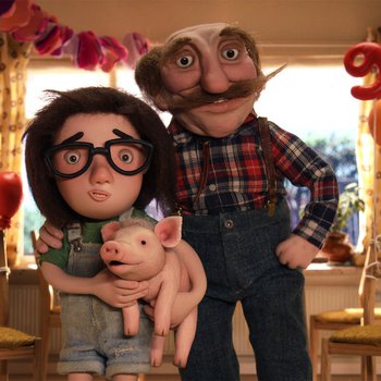 3D animated image of a girl with glasses holding a piglet, and a man with a moustache