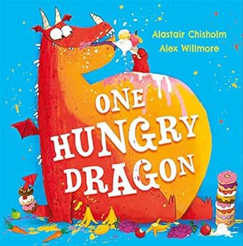 Picture Book Cover 'One Hungry Dragon' with an orange dragon eating on the front cover