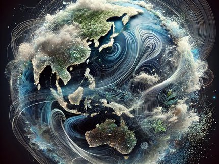 An artistic image of planet earth surrounded by swirls.