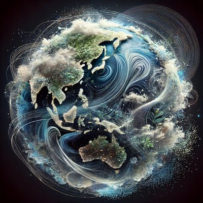 An artistic image of planet earth surrounded by swirls.