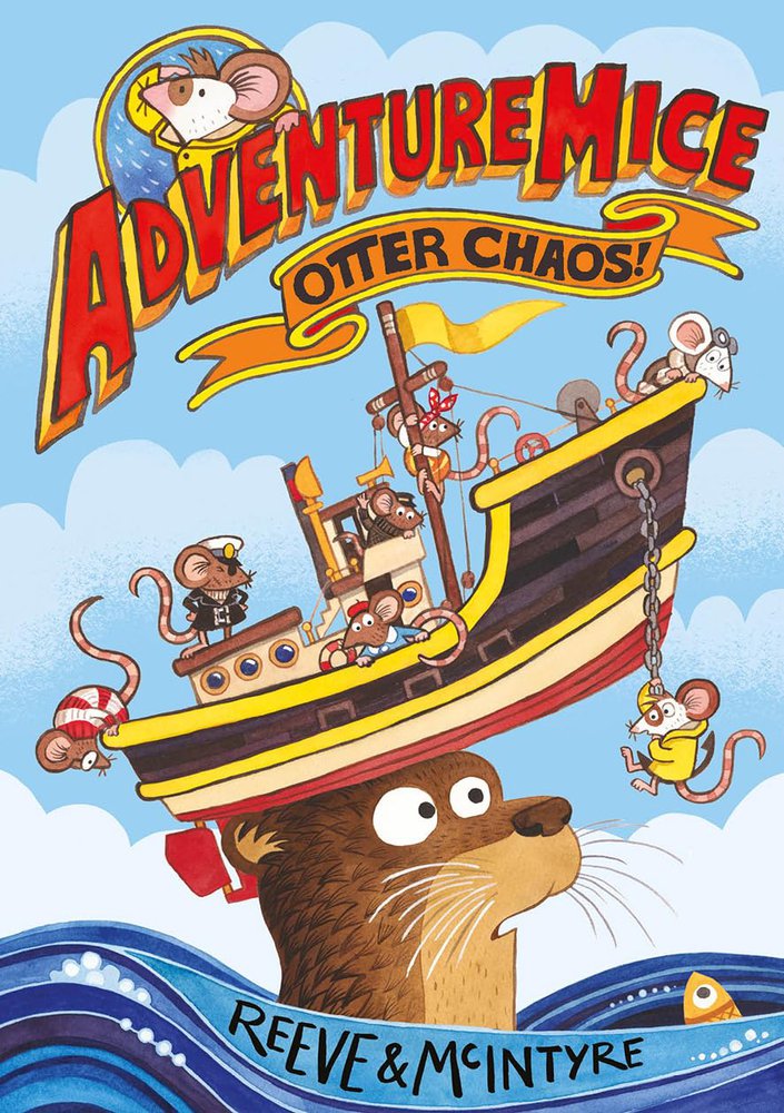 adventure mice otter chaos book cover with a cartoon otter in the sea and a cartoon boat with cartoon mice