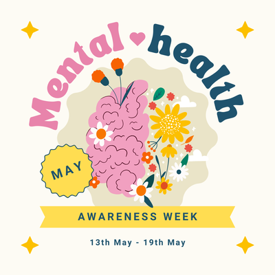 Pink and yellow floral brain with the wording Mental Health Awareness Week