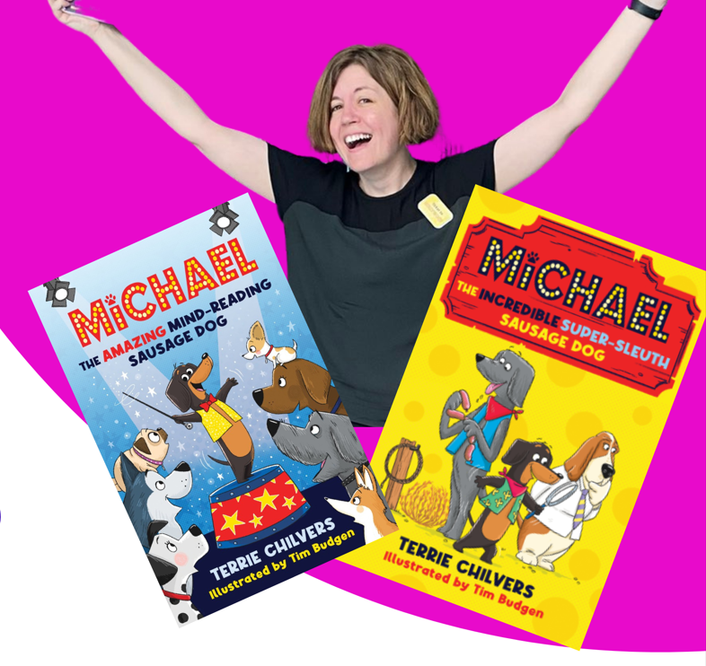 A photograph of children's author Terrie Chilvers and the covers of two of her books