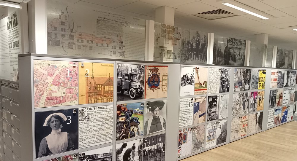 Image of Nottinghamshire Archives searchroom lockers with pictures of historical documents