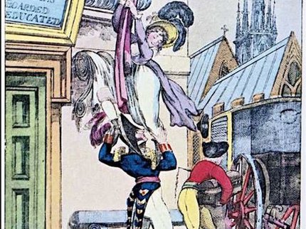 Cartoon of noble woman hanging from balcony held up by a military officer