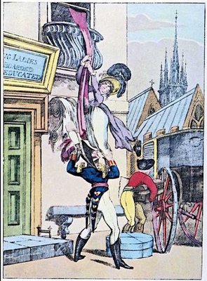 Cartoon of noble woman hanging by sash from balcony held up by military officer